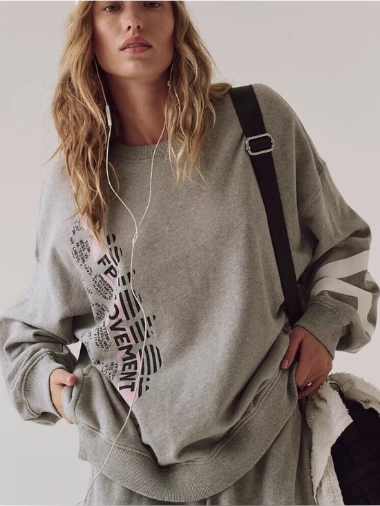Free People Tops - Free People Grey Graphic Crew Sweatshirt with Pink & Black Accents
